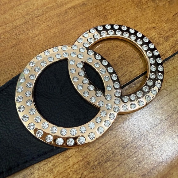 Unbranded Black Elastic Waist Belt Gold Rhinestone Double Circle Buckle Womens - Picture 6 of 7